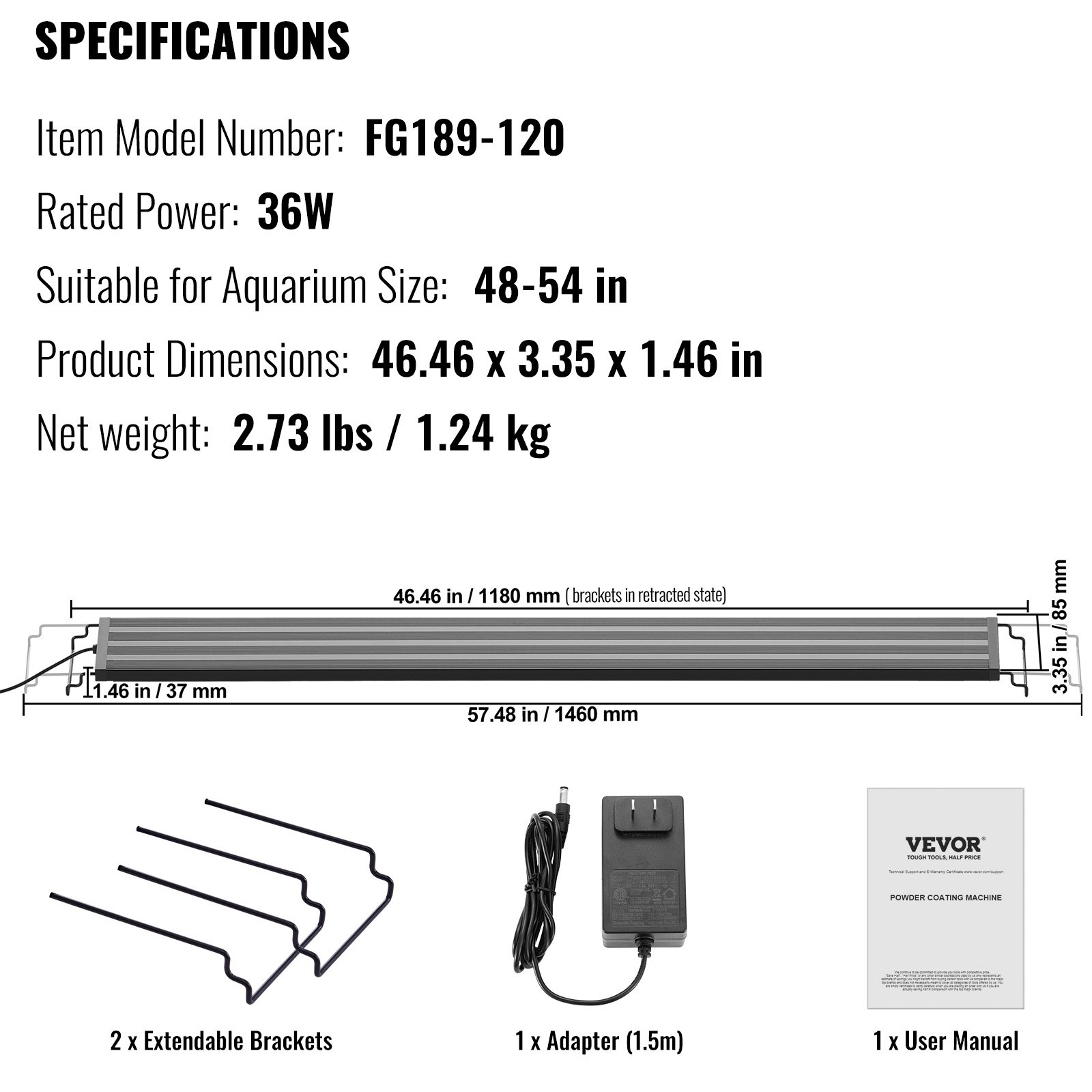 VEVOR Aquarium Licht, 36 W Vollspektrum Aquarium Licht mit 5 Stufen Einstellbare Helligkeit, Timer & Power-Off Speicher, mit ABS Shell Ausziehbare Halterungen für 122-137 cm Süßwasser-Fischtank