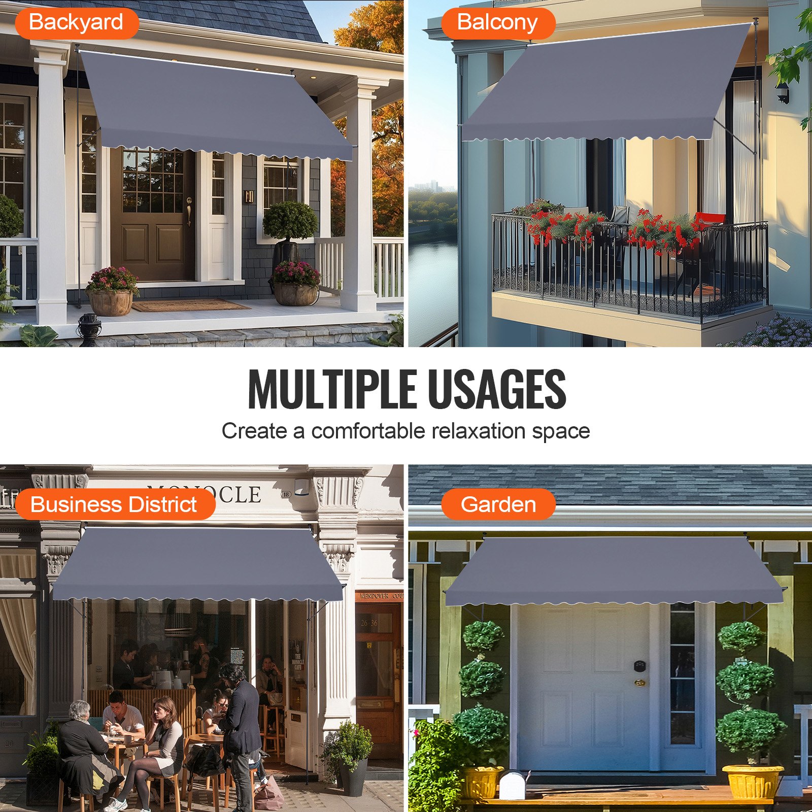 VEVOR Klemmmarkise 450 x 120 cm, Balkonmarkise mit Handkurbel, Sonnenmarkise, Terrassenüberdachung Sunsetter Deck, Höhenverstellbar von 218 bis 309 cm, Markise für Terrasse/Balkon/Garten, Grau