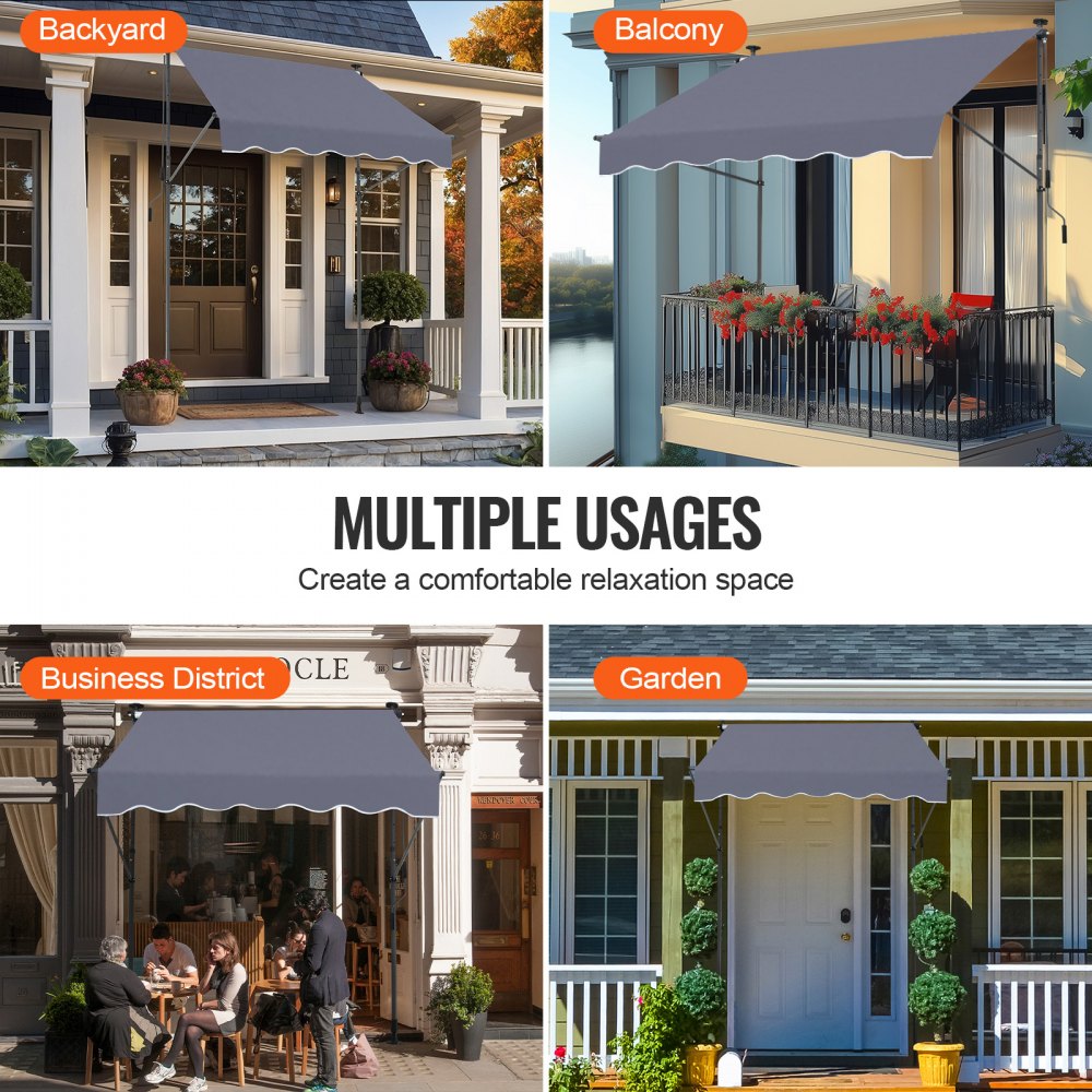 VEVOR Klemmmarkise 150 x 120 cm, Balkonmarkise mit Handkurbel, Sonnenmarkise, Terrassenüberdachung Sunsetter Deck, Höhenverstellbar von 218 bis 309 cm, Markise für Terrasse/Balkon/Garten, Grau