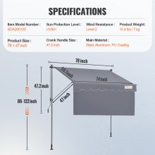 VEVOR Balkonmarkise 2x1,2m Gelenkarm Markise höhenverstellbar von 2,2 bis 3,1m Klemmmarkise Einziehbar Stahl Aluminium 180G doppelseitige PU-Beschichtung Sonnenmarkise Balkon Terrassenmarkise