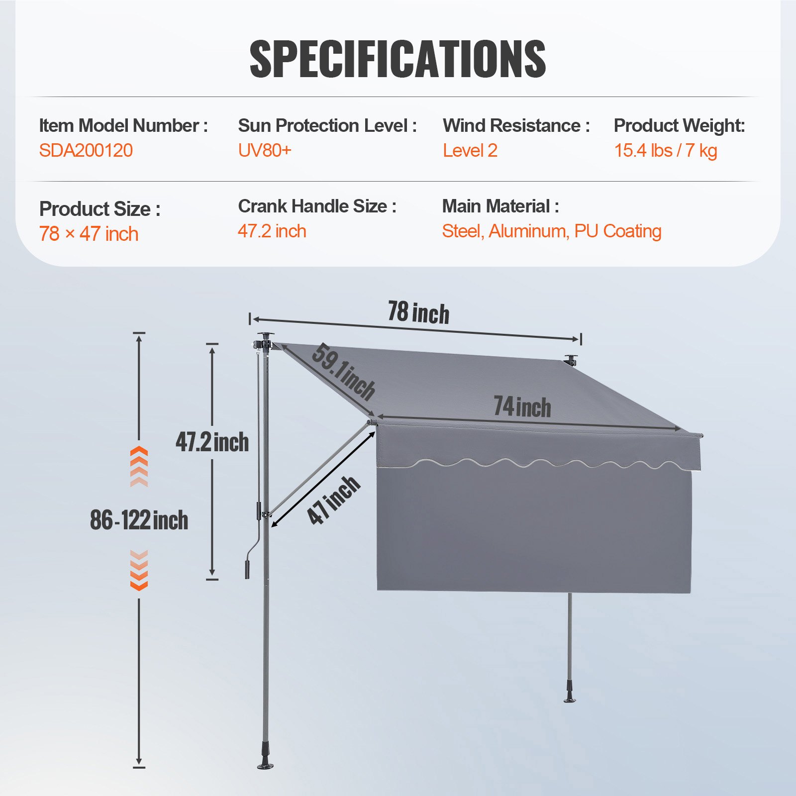 VEVOR Balkonmarkise 2x1,2m Gelenkarm Markise höhenverstellbar von 2,2 bis 3,1m Klemmmarkise Einziehbar Stahl Aluminium 180G doppelseitige PU-Beschichtung Sonnenmarkise Balkon Terrassenmarkise