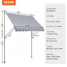 VEVOR Balkonmarkise Markise Klemmmarkise Sonnenmarkise mit Kurbel 250x120cm Grau