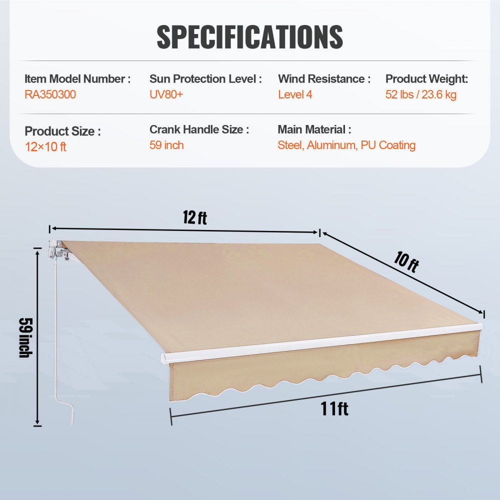 VEVOR Balcony Awning 3.6x3m, Folding Arm Awning, Height Adjustable from 2.4 to 3.7m, Clamp Awning, Retractable, Steel/Aluminum 280G, Double-Sided PU Coating, Sun Awning for Balcony/Patio