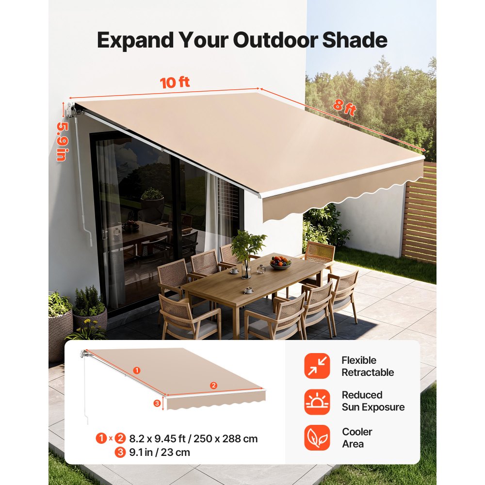 VEVOR Manuell Einziehbare Markise, 304,8 x 243,84 cm Außenterrassen-Markise Sonnenschutz, Wasserabweisendes Polyester, Terrassentür-Fenster-Markise, Sonnenschutz mit Kurbel für Hinterhof, Balkon