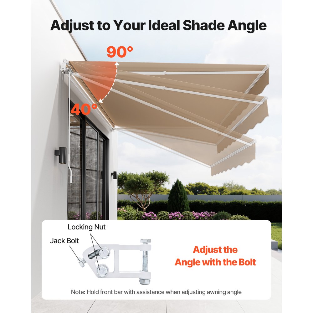 VEVOR Manuell Einziehbare Markise, 304,8 x 243,84 cm Außenterrassen-Markise Sonnenschutz, Wasserabweisendes Polyester, Terrassentür-Fenster-Markise, Sonnenschutz mit Kurbel für Hinterhof, Balkon