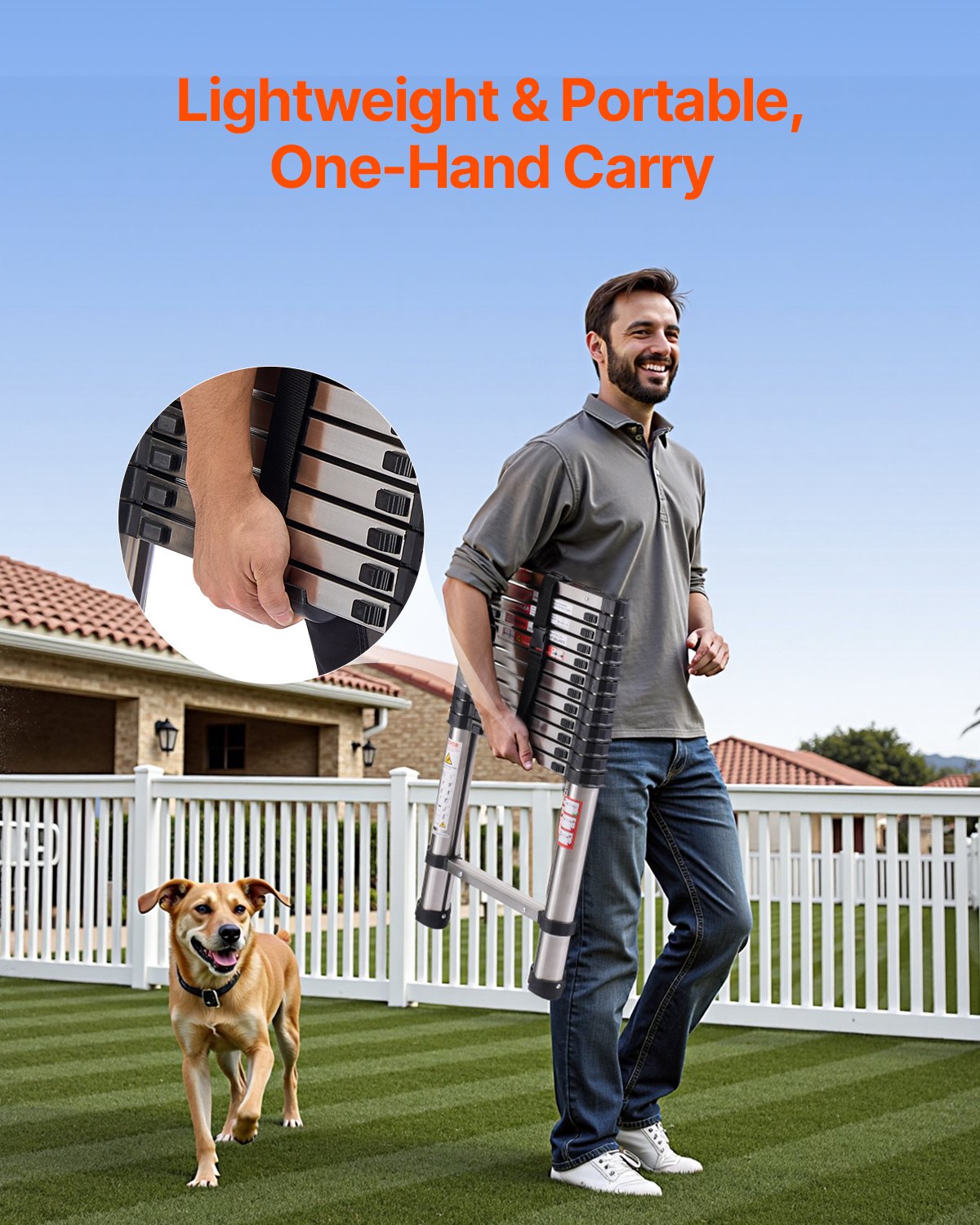 VEVOR Teleskopleiter, 3740 mm lange, Ausziehleiter aus Edelstahl, Klappleiter mit Tragkraft von 150 kg (75°) und rutschfeste Füße, tragbare 13-Stufen-Leiter für Zuhause, Wohnmobil, Dachboden