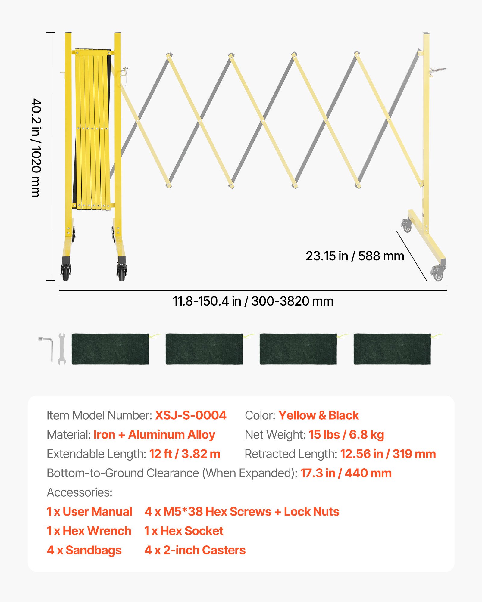 VEVOR Scherengitter Ausziehbar Absperrgitter mit Feststellbaren Rollen Scherensperre Max. 3,82 m Verstellbar, Outdoor Mobiles Schutzgitter für Warnwirkung Metallbarrikade für Außenbereich & Industrie