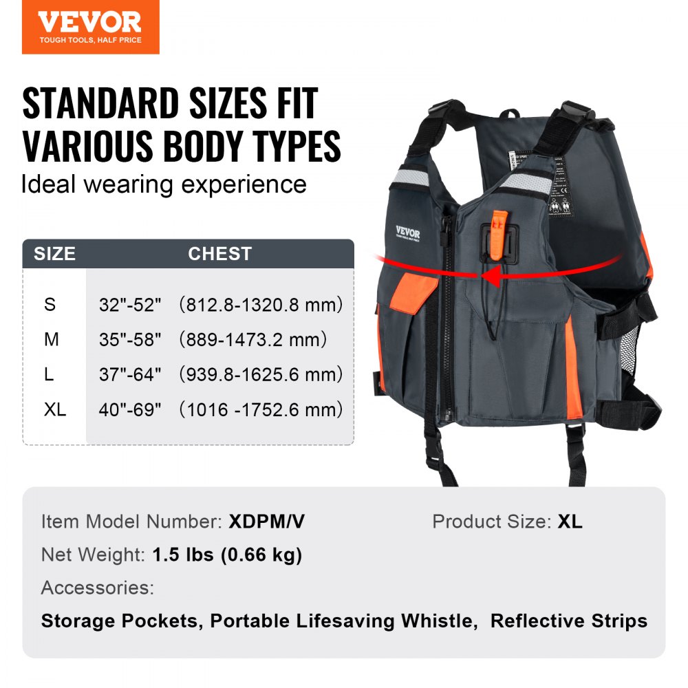 VEVOR Wassersport-Schwimmweste PFD, 110N Auftriebsweste, wasserdichtes Nylon, Flotation für Wasseraktivitäten, Angeln, Kajakfahren, Surfen, auf Booten, Männer und Frauen, XL