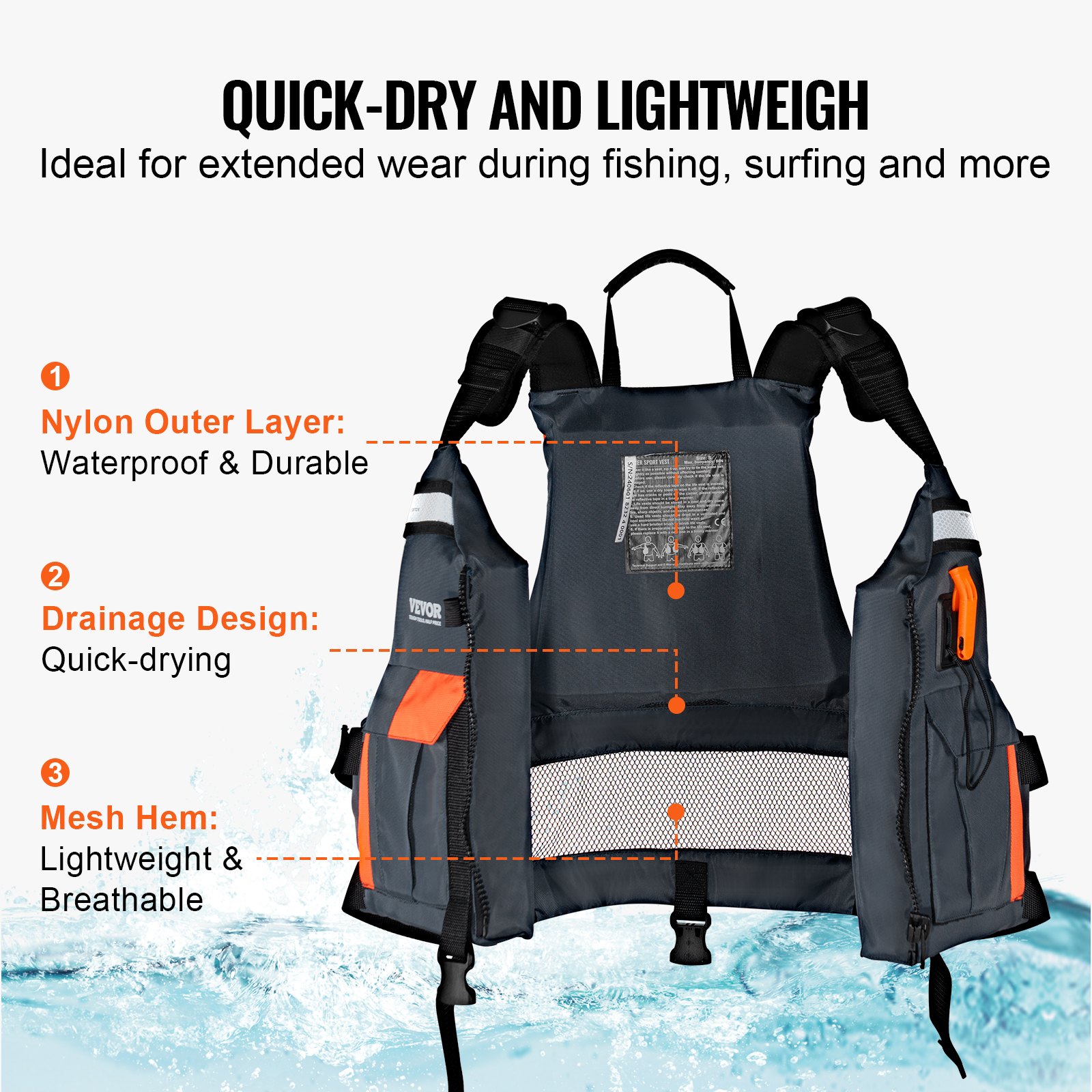VEVOR Rettungsweste für Wassersport (PFD), Rettungsweste mit wasserdichtem Nylon und 80N Auftrieb, Rettungsweste/Jacke für alle Wasseraktivitäten – Angeln, Kajakfahren, Surfen und mehr, Männer und Frauen S