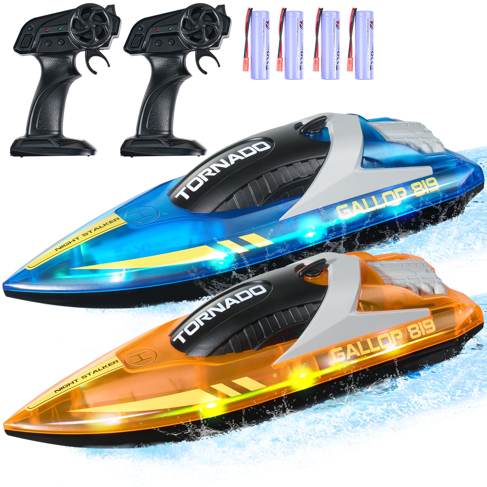 VEVOR RC-Boot, 2er-Pack 2,4 GHz 12 km/h, ferngesteuertes Boot für Pools & Seen, Rennboot mit LED-Licht, 4 wiederaufladbare Batterien, Ganzkörper wasserdicht, Geschenk für Erwachsene Jungen & Mädchen, Blau & Orange