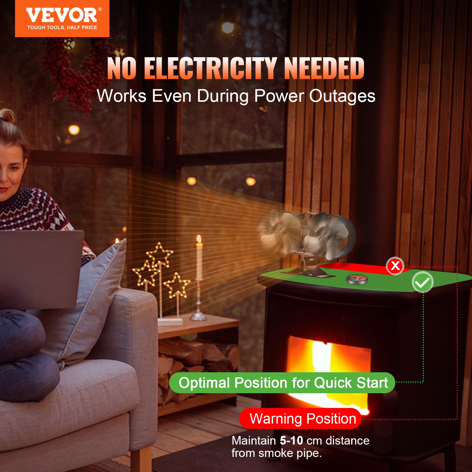 VEVOR Kaminventilator Magnetisch 204x92x138mm Leiser Kamin Ventilator <25dB Ofenventilator Ohne Strom 340m3/h(200CFM) Kaminlüfter für Holz/Brennholz/Feuerstelle/Ofenrohr