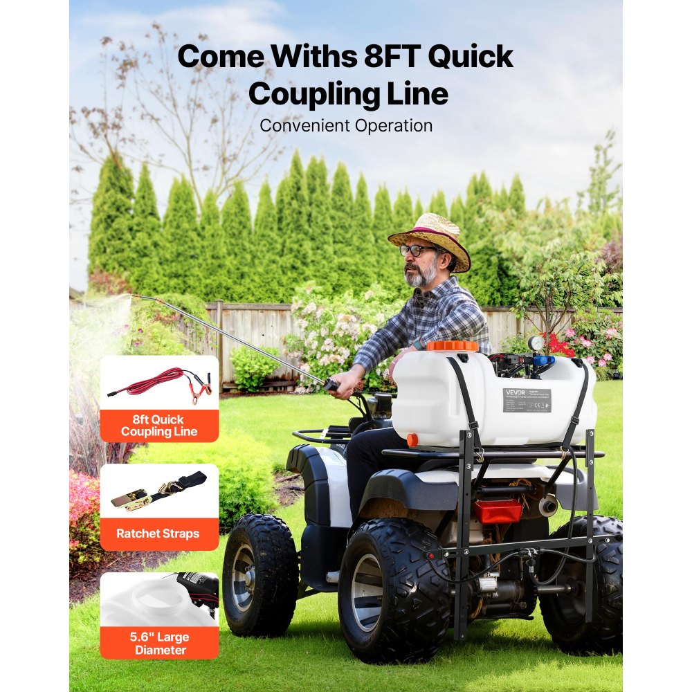 VEVOR ATV Sprüher für Quad 60 L Drucksprühgerät Sprühgerät mit 12V Pumpe, für ATVs, UTVs Traktoren 1,9 GPM Durchflussrate Einstellbarer Druck 0–72 PSI, mit Messingdüse Spritzbalken 6 m Schlauch Weiß