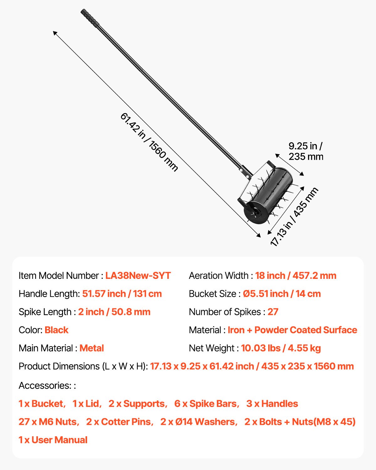 VEVOR Aerifizierer, 435x235x1560mm, Hand Vertikutierer, Rasenbelüfter mit abnehmbarem Griff und 27 Eisenspikes, Rasenlüfter für verdichtete Böden und Rasenflächen im Garten, Terrasse, Hof, Schwarz