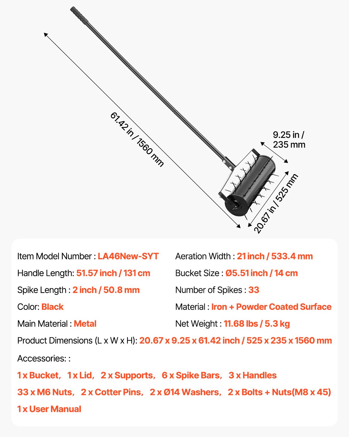 VEVOR Aerifizierer, 525x235x1560 mm, Rasenlüfter Walze, Rasenbelüfter mit abnehmbarem Griff und 33 Eisenspikes, Vertikutierer für verdichtete Böden und Rasenflächen im Garten, Terrasse, Hof, Schwarz