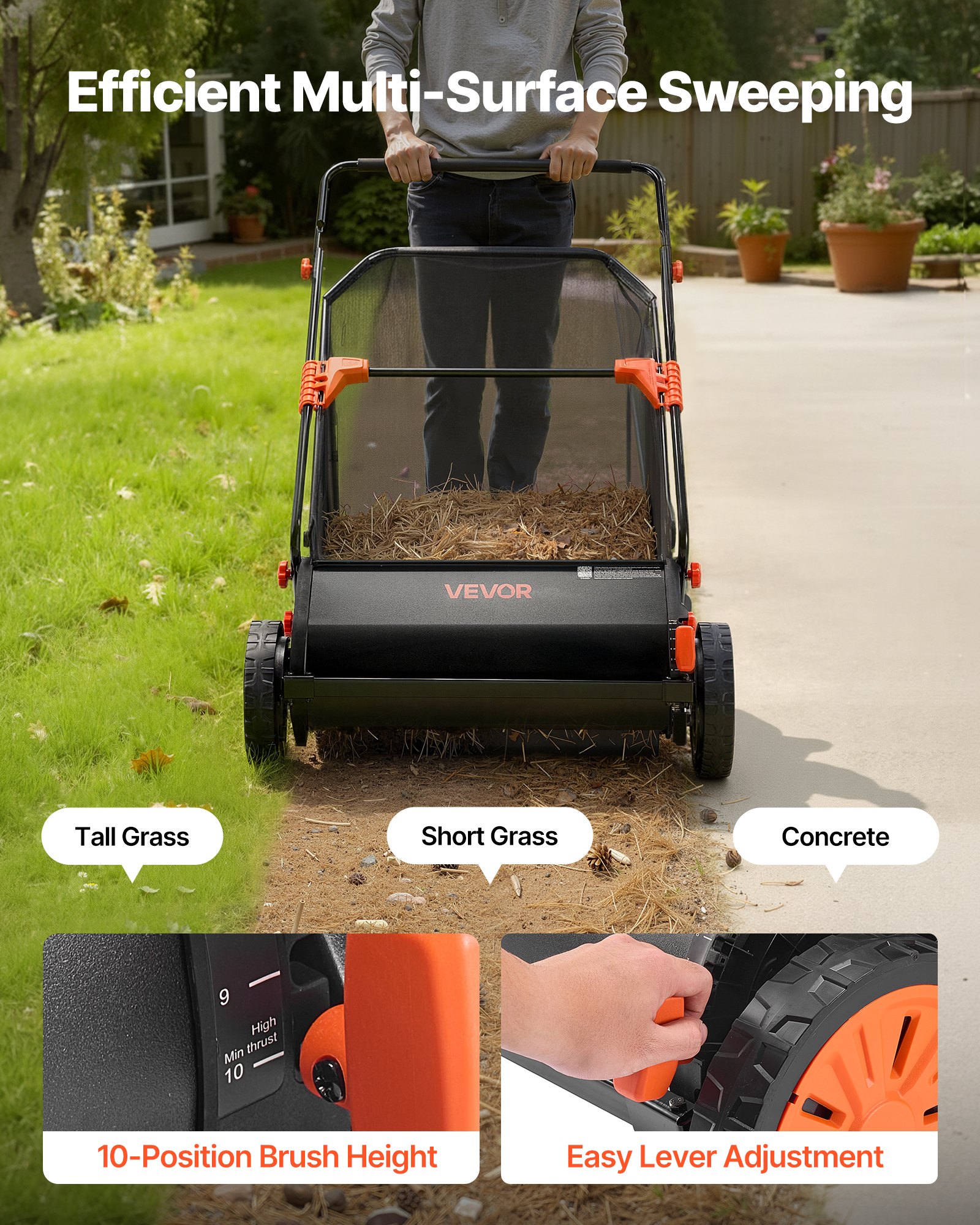 VEVOR Push Lawn Sweeper, 66 cm Leaf & Grass Collector with 7 cu. ft. Hopper Bag, Adjustable Brush Height & Spinning Brushes, Heavy Duty Yard Sweeper with Rubber Wheels for Leaves Grass Cleanup