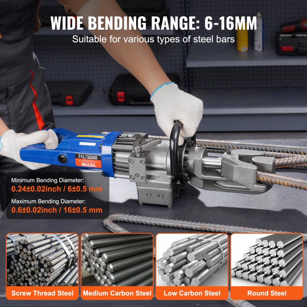 VEVOR Elektrischer hydraulischer Bewehrungsbieger, tragbare 1000-W-Bewehrungsbiegemaschine, Biegen von bis zu 6-16 mm Bewehrungsstäben innerhalb von 4 Sekunden, Biegemaschine mit Ölkanne, Schwarz-Blau