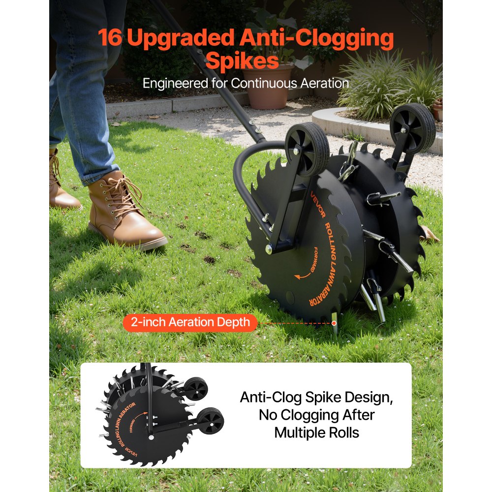 VEVOR Rasenlüfter Walze Manuell, Aerifizierer für Rasen mit 5 cm Arbeitstiefe 2 Rollen & 16 Eisenspikes, Rasenbelüfter aus Stahl, Rasenrolle für Verdichtete Böden, Rasenpflege für Hof Garten, Schwarz