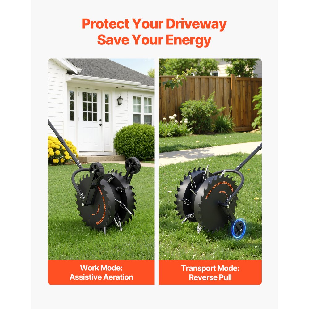 VEVOR Rasenlüfter Walze Manuell, Aerifizierer für Rasen mit 5 cm Arbeitstiefe 2 Rollen & 16 Eisenspikes, Rasenbelüfter aus Stahl, Rasenrolle für Verdichtete Böden, Rasenpflege für Hof Garten, Schwarz