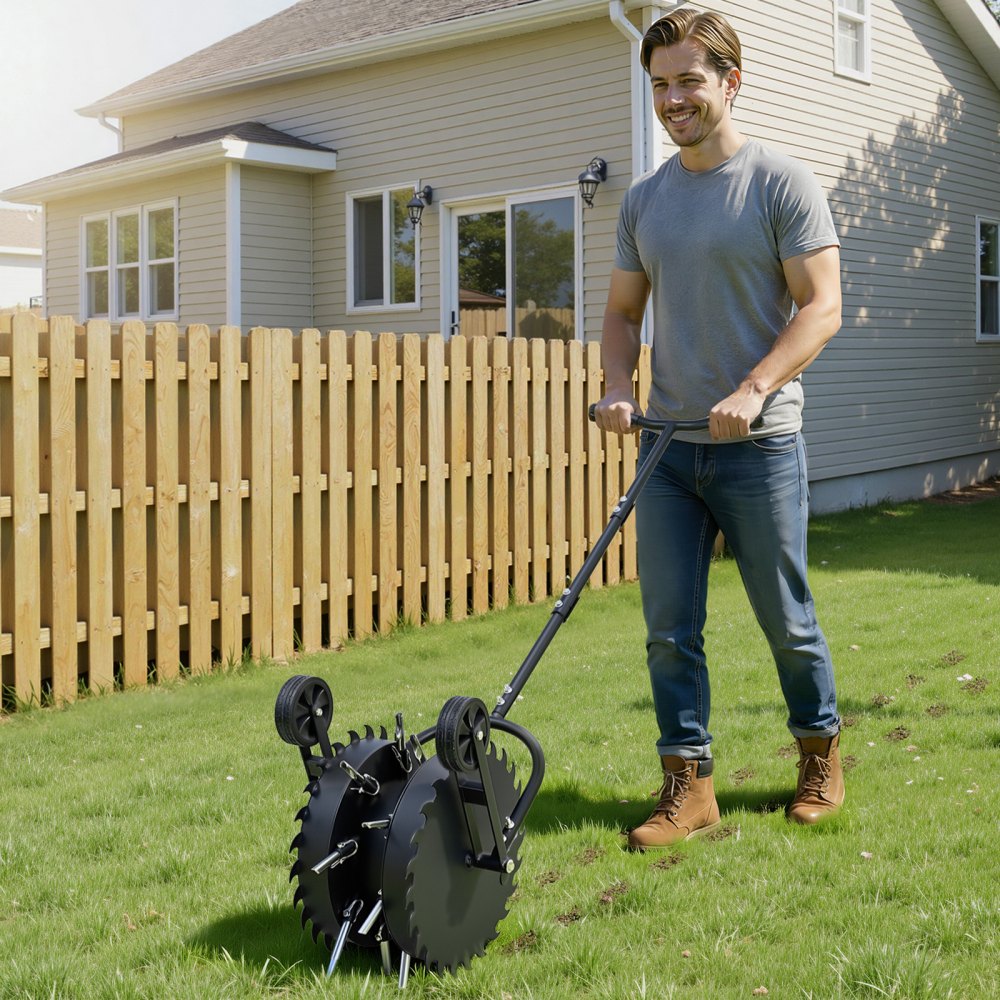 VEVOR Rasenlüfter Walze Manuell, Aerifizierer für Rasen mit 5 cm Arbeitstiefe 2 Rollen & 16 Eisenspikes, Rasenbelüfter aus Stahl, Rasenrolle für Verdichtete Böden, Rasenpflege für Hof Garten, Schwarz