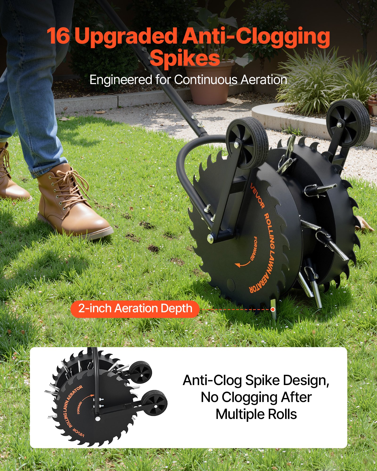 VEVOR Rasenlüfter Walze Manuell, Aerifizierer für Rasen mit 5 cm Arbeitstiefe 2 Rollen & 16 Eisenspikes, Rasenbelüfter aus Stahl, Rasenrolle für Verdichtete Böden, Rasenpflege für Hof Garten, Schwarz
