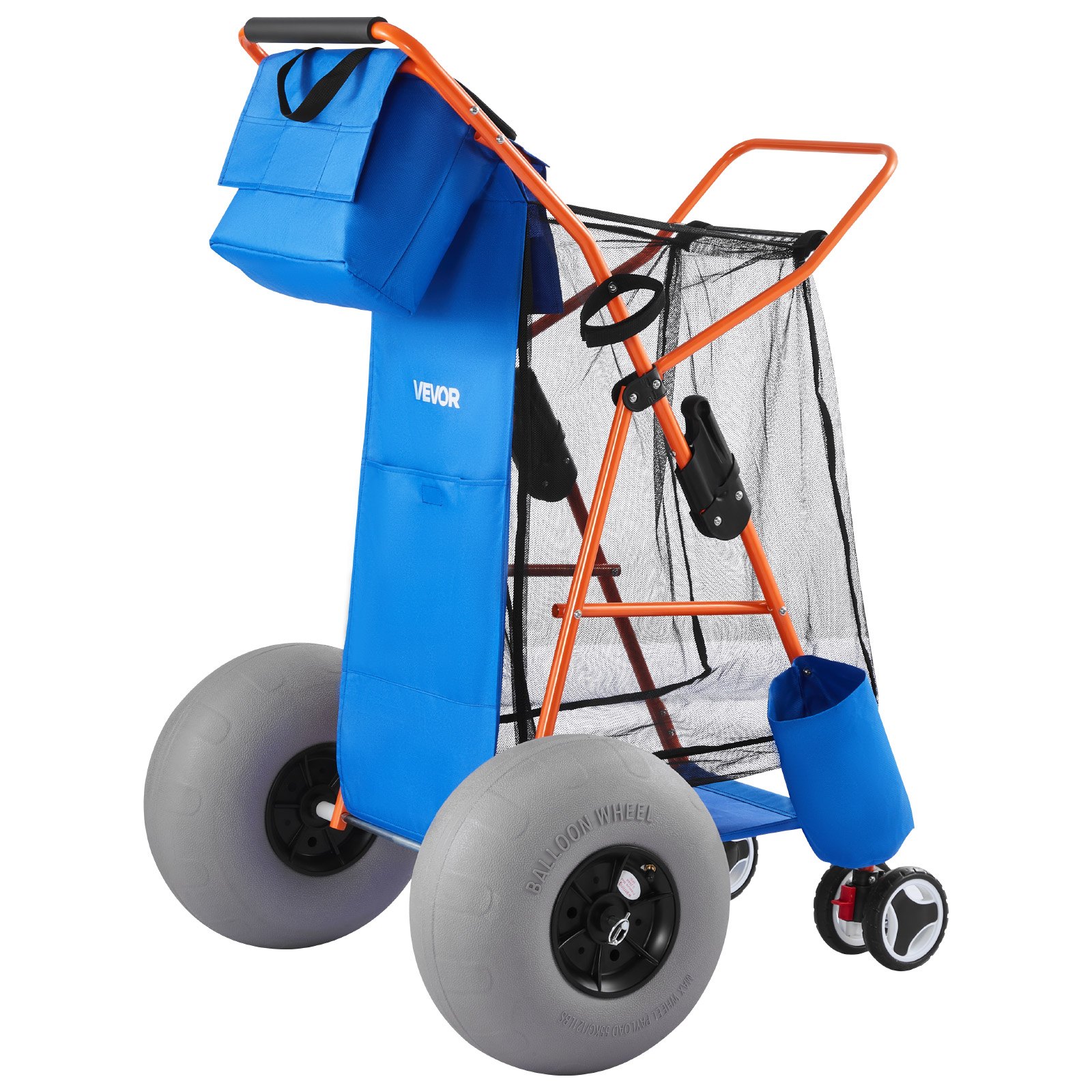 VEVOR Strandwagen mit Ballonreifen (12 Zoll), Faltbarer Strandtrolley mit Isoliertasche & Schirmhalter, Handwagen (75 kg Belastbar) für bis zu 4 Strandstühle, Strandkarre Ideal für Camping und Angeln