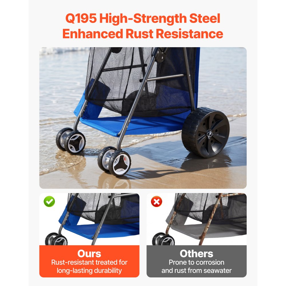 VEVOR Strandwagen mit Vollgummirädern (10 Zoll), Faltbarer Strandtrolley mit Isoliertasche & Schirmhalter, Handwagen (75 kg Belastbar) für bis zu 4 Strandstühle, Strandkarre Ideal für Camping & Angeln