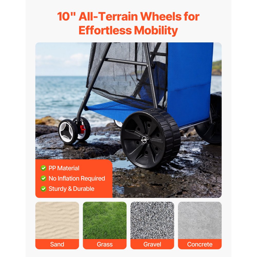 VEVOR Strandwagen mit Vollgummirädern (10 Zoll), Faltbarer Strandtrolley mit Isoliertasche & Schirmhalter, Handwagen (75 kg Belastbar) für bis zu 4 Strandstühle, Strandkarre Ideal für Camping & Angeln