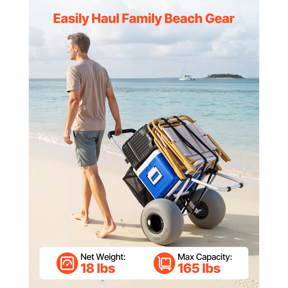 VEVOR Beach Dolly with Big Wheels for Sand, 505 x 374 mm Cargo Deck, Folding Sand Cart with 320 mm Balloon Wheels, 75 kg Load Capacity, 860-1160 mm Adjustable Height, Heavy Duty Cart for Beach Camping