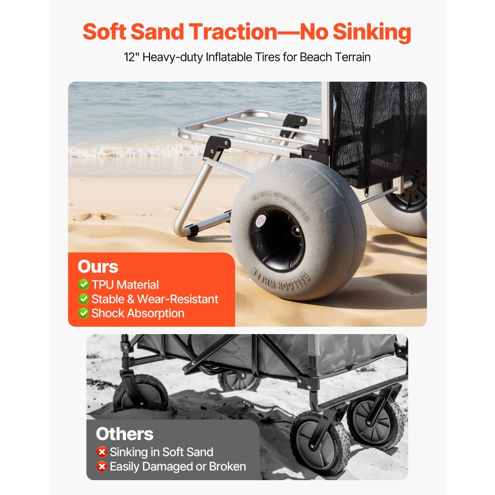 VEVOR Beach Dolly with Big Wheels for Sand, 505 x 374 mm Cargo Deck, Folding Sand Cart with 320 mm Balloon Wheels, 75 kg Load Capacity, 860-1160 mm Adjustable Height, Heavy Duty Cart for Beach Camping