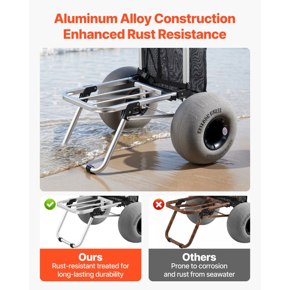 VEVOR Beach Dolly with Big Wheels for Sand, 505 x 374 mm Cargo Deck, Folding Sand Cart with 320 mm Balloon Wheels, 75 kg Load Capacity, 860-1160 mm Adjustable Height, Heavy Duty Cart for Beach Camping