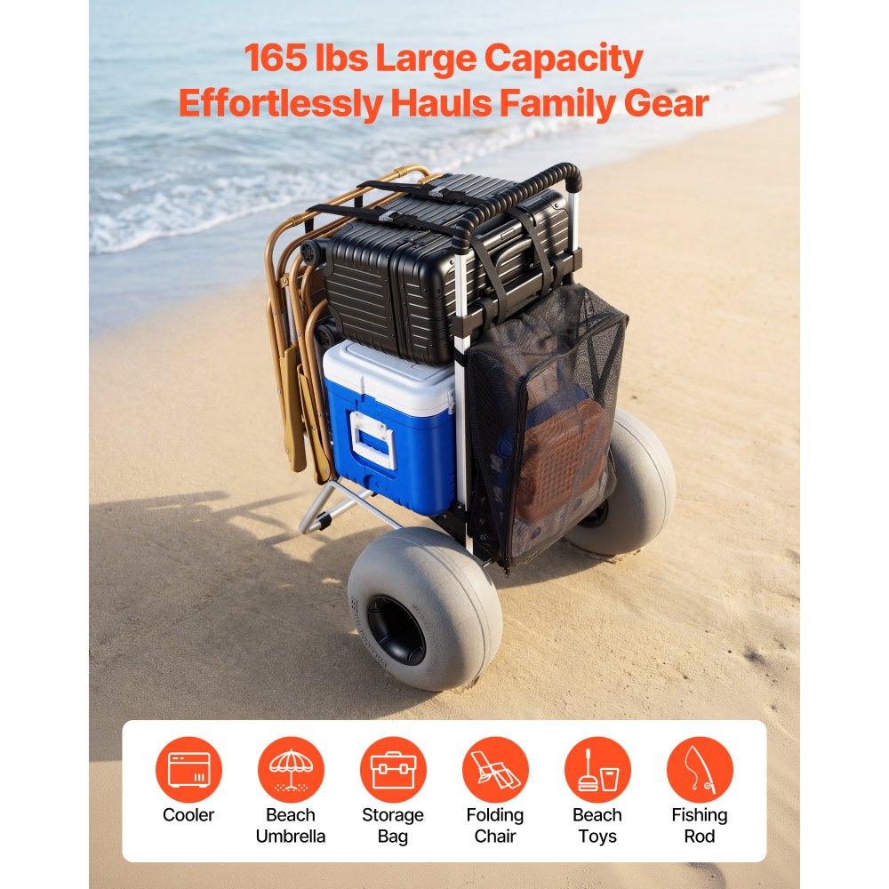 VEVOR Beach Dolly with Big Wheels for Sand, 505 x 374 mm Cargo Deck, Folding Sand Cart with 320 mm Balloon Wheels, 75 kg Load Capacity, 860-1160 mm Adjustable Height, Heavy Duty Cart for Beach Camping