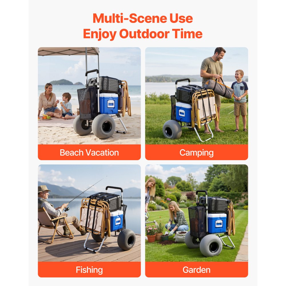 VEVOR Beach Dolly with Big Wheels for Sand, 505 x 374 mm Cargo Deck, Folding Sand Cart with 320 mm Balloon Wheels, 75 kg Load Capacity, 860-1160 mm Adjustable Height, Heavy Duty Cart for Beach Camping