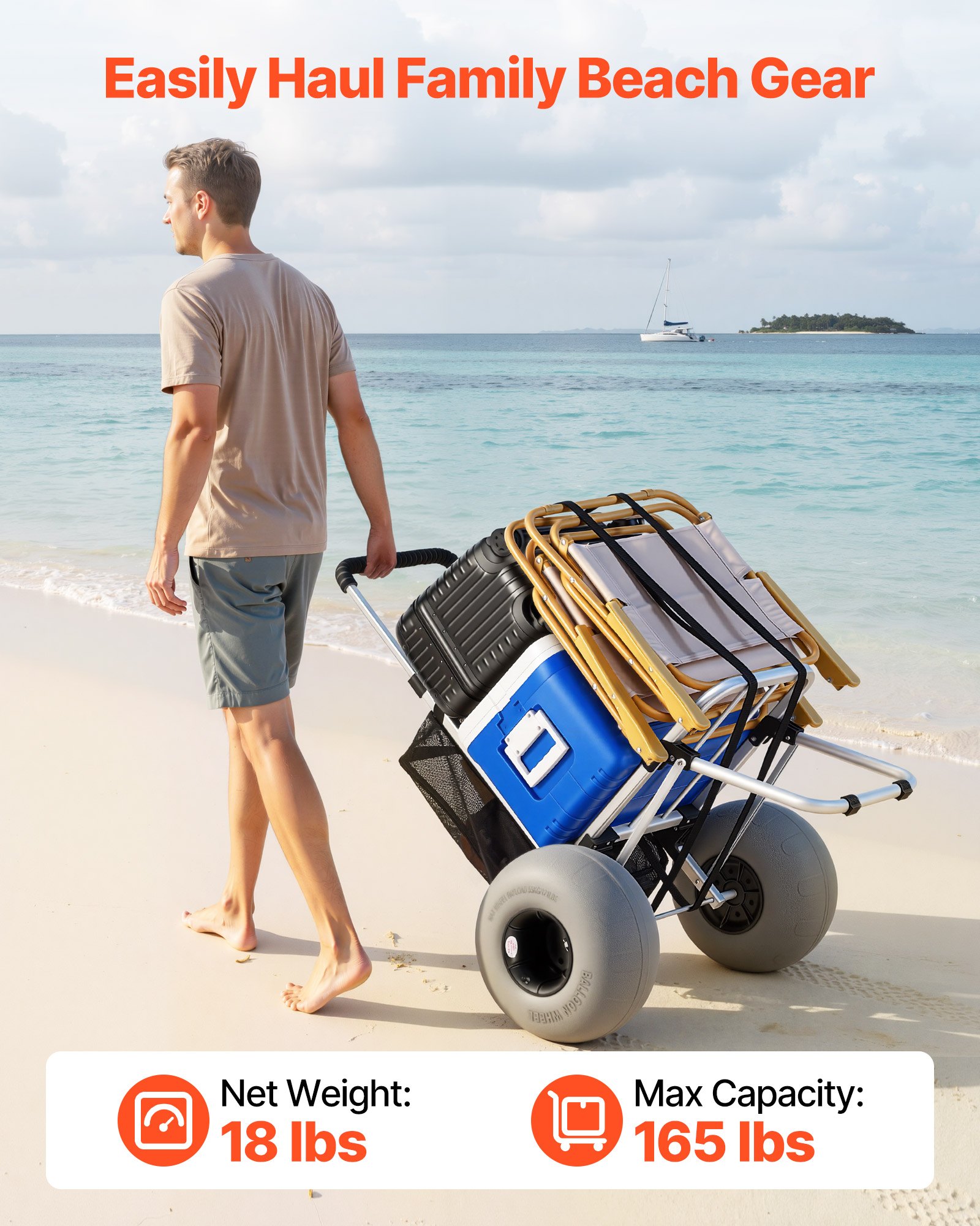 VEVOR Beach Dolly with Big Wheels for Sand, 505 x 374 mm Cargo Deck, Folding Sand Cart with 320 mm Balloon Wheels, 75 kg Load Capacity, 860-1160 mm Adjustable Height, Heavy Duty Cart for Beach Camping