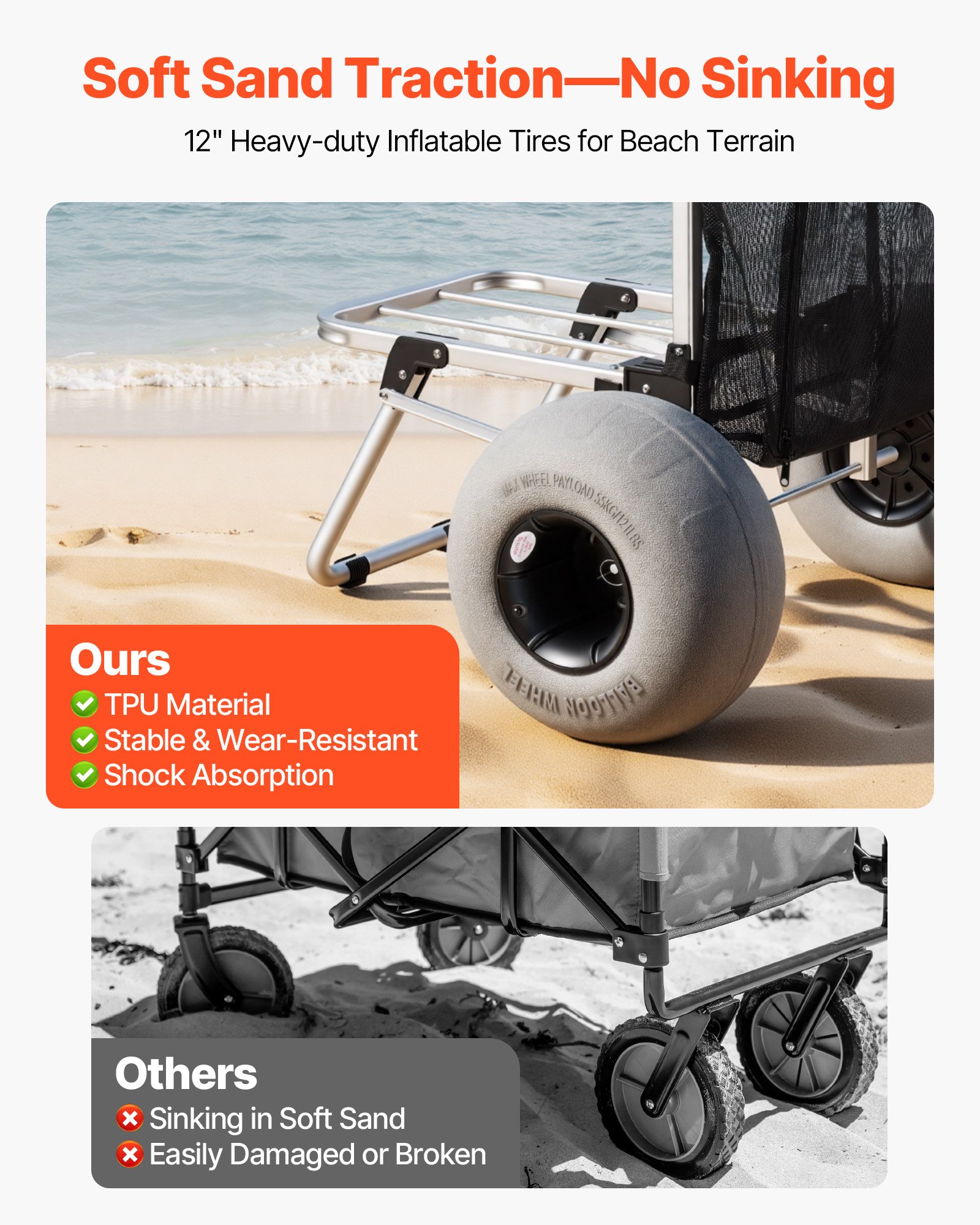 VEVOR Beach Dolly with Big Wheels for Sand, 505 x 374 mm Cargo Deck, Folding Sand Cart with 320 mm Balloon Wheels, 75 kg Load Capacity, 860-1160 mm Adjustable Height, Heavy Duty Cart for Beach Camping