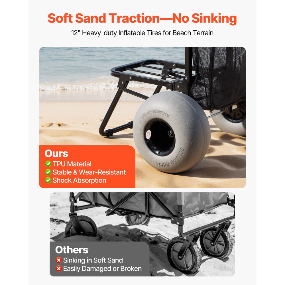 VEVOR Beach Dolly with Big Wheels for Sand, 460 x 375 mm Cargo Deck, Folding Sand Cart with 320 mm Balloon Wheels, 75 kg Load Capacity, 855-1150 mm Adjustable Height, Heavy Duty Cart for Beach Camping