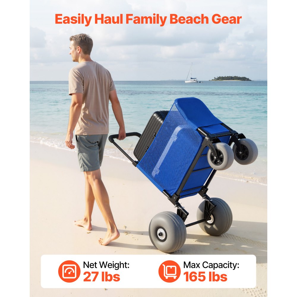 VEVOR Beach Cart with Large Wheels for Sand, 75kg Load Capacity, Heavy Duty Folding Beach Wagon with 300 mm Balloon Wheels, Storage Bag, 845-1140 mm Adjustable Height, Dolly for Camping Fishing Garden