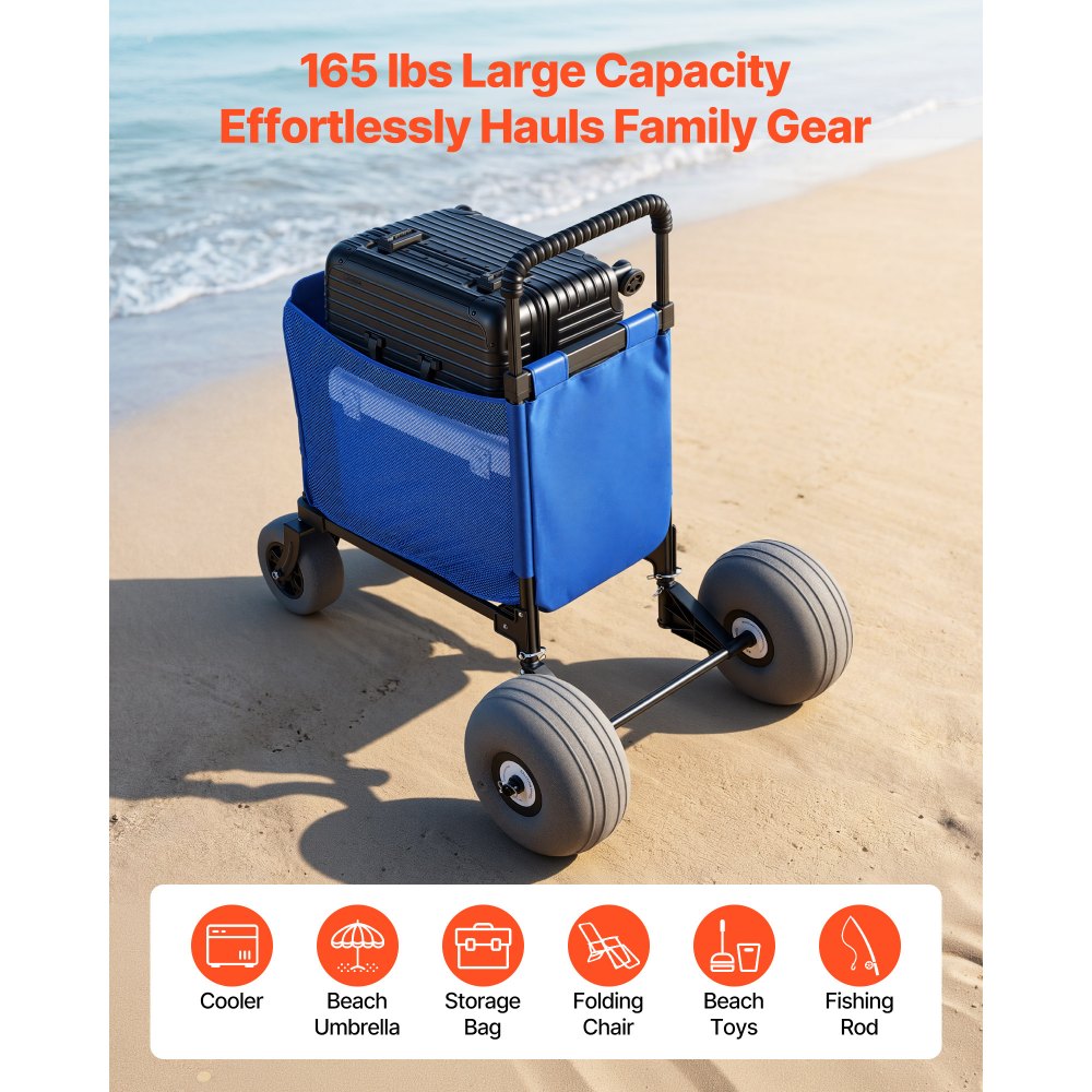 VEVOR Beach Cart with Large Wheels for Sand, 75kg Load Capacity, Heavy Duty Folding Beach Wagon with 300 mm Balloon Wheels, Storage Bag, 845-1140 mm Adjustable Height, Dolly for Camping Fishing Garden
