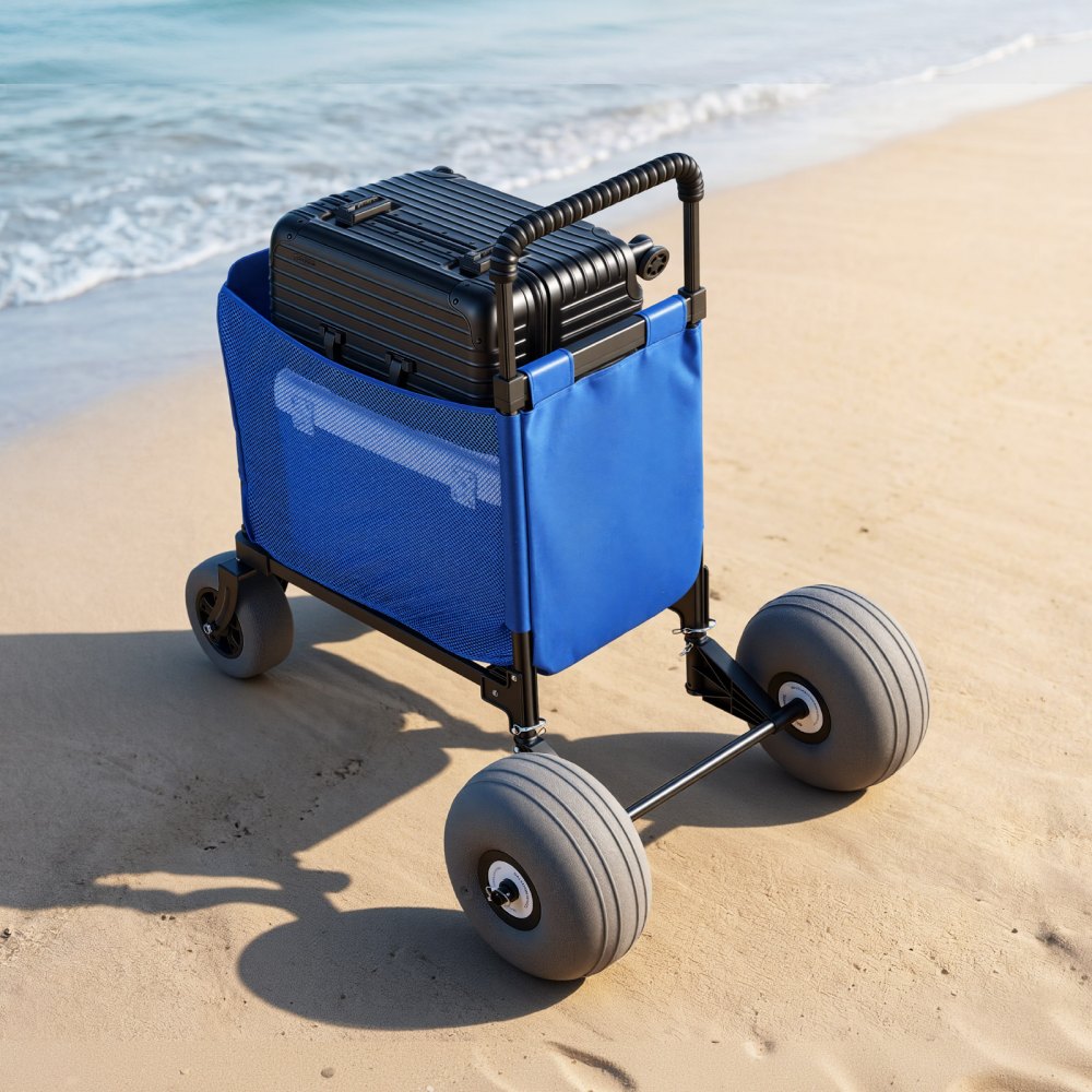 VEVOR Beach Cart with Large Wheels for Sand, 75kg Load Capacity, Heavy Duty Folding Beach Wagon with 300 mm Balloon Wheels, Storage Bag, 845-1140 mm Adjustable Height, Dolly for Camping Fishing Garden