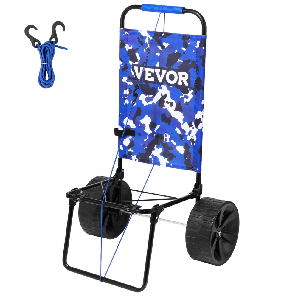 VEVOR-Strandwagen mit blauem Tarndesign, großen Rädern, schwarzem Rahmen und befestigtem Bungee-Seil mit Haken.