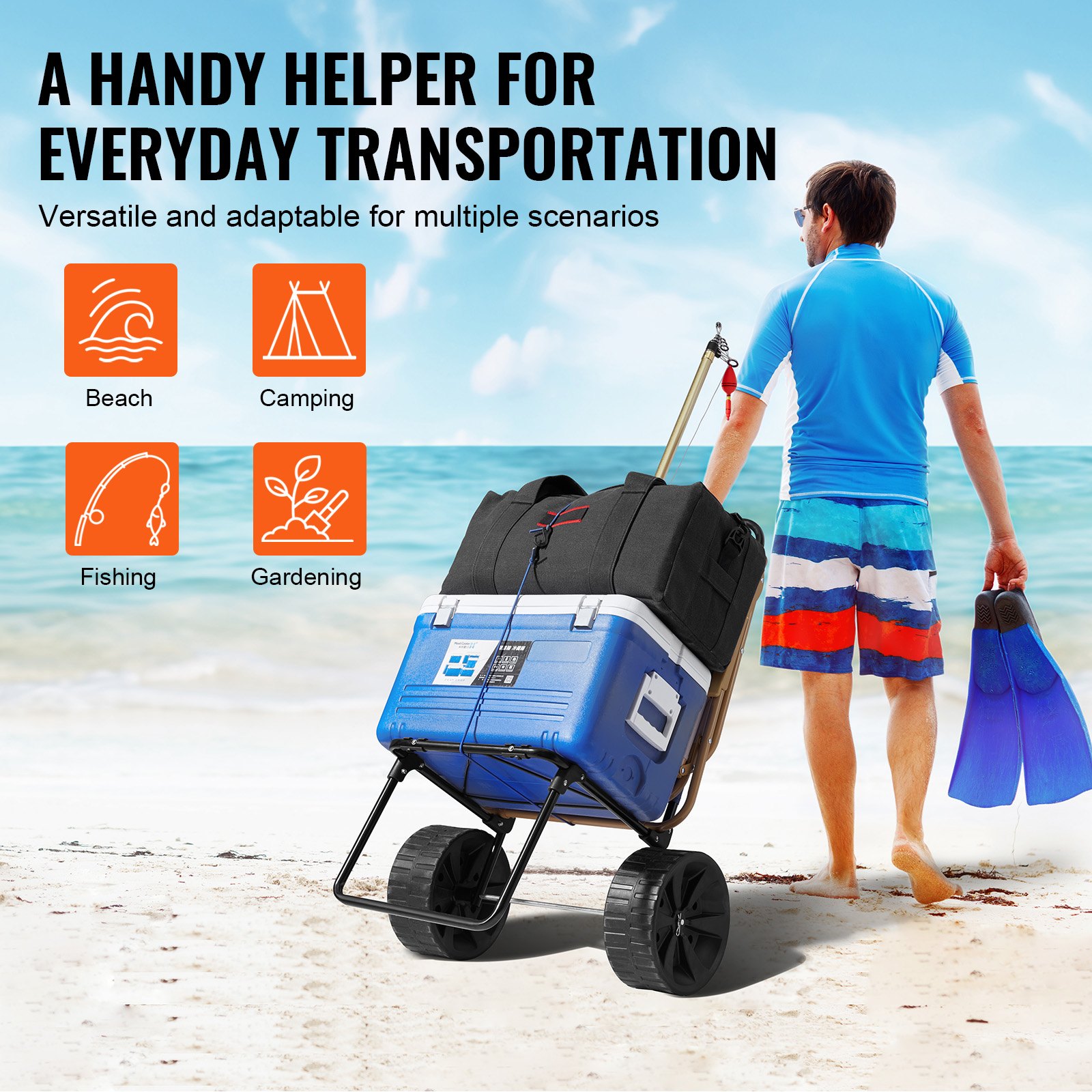 VEVOR Strandkarre Bollerwagen Sandwagen, Strandwagen 31 kg Tragkraft, Zusammenklappbarer Sandwagen aus Stahl, 380 x 386 mm Handwagen Robuster Wagen für den Strand Gerätewagen