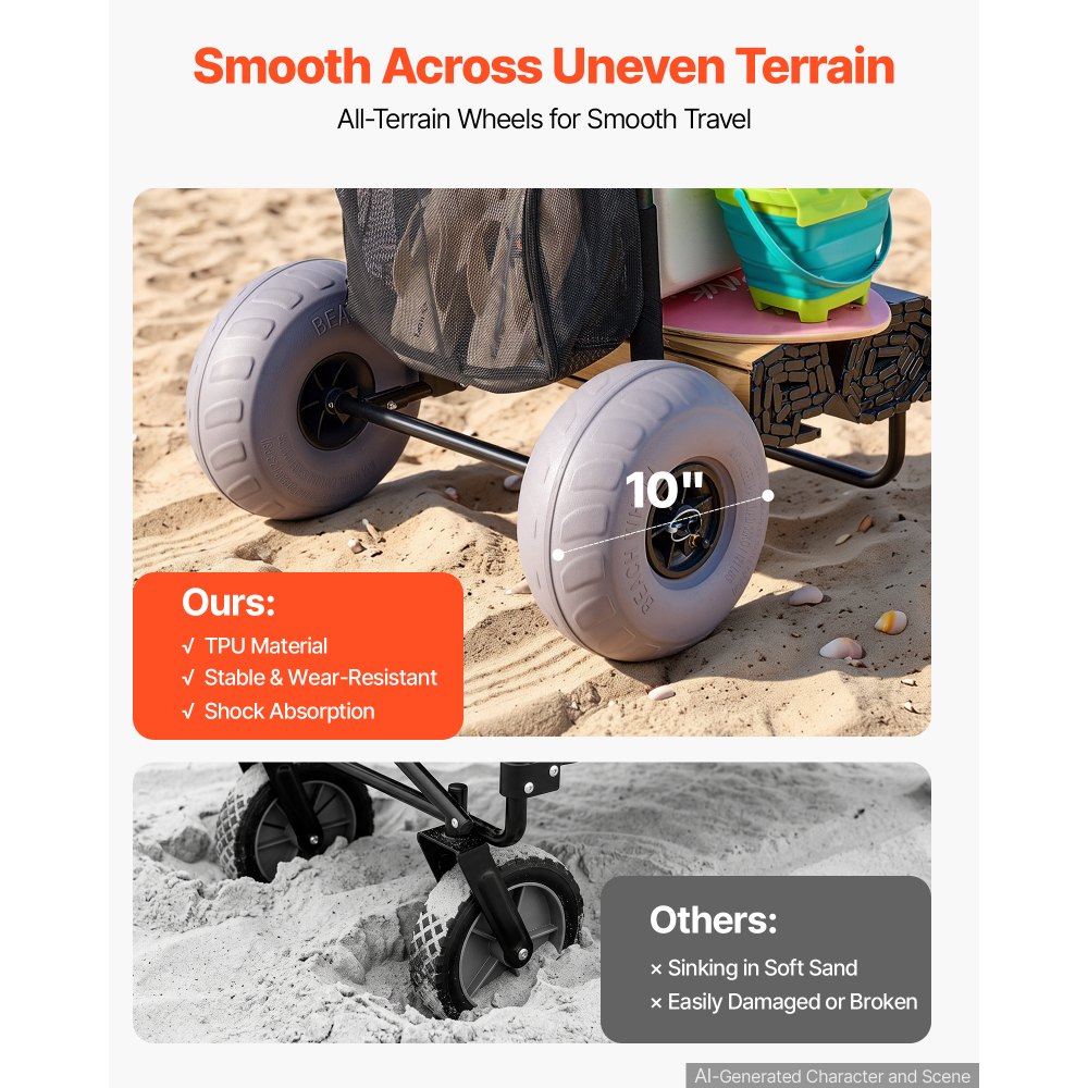VEVOR Strandkarre Bollerwagen Sandwagen, Strandwagen 74,84 kg Tragkraft, Zusammenklappbarer Sandwagen aus Stahl 69 bis 114 cm Einstellbare Höhe, Robuster Wagen für den Strand