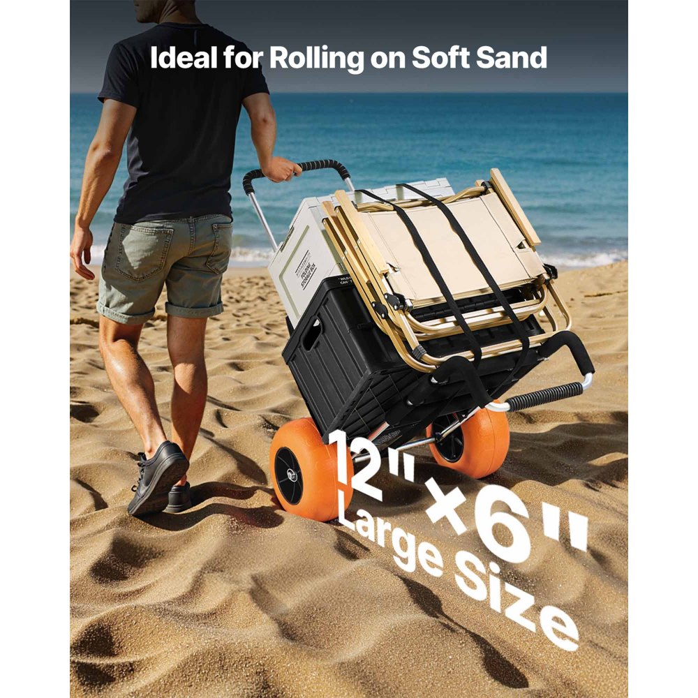 VEVOR Strandkarre Bollerwagen Sandwagen, Strandwagen 74,84 kg Tragkraft, zusammenklappbarer Sandwagen aus Aluminium 685-1135 mm einstellbare Höhe, Wagen für den Strand 76 x 39 cm Ladefläche