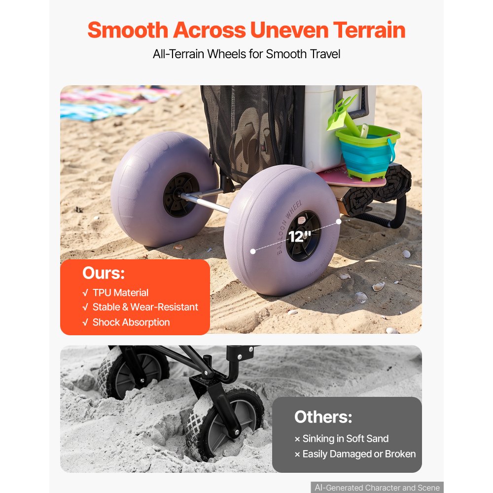 VEVOR Strandkarre Bollerwagen Sandwagen, Strandwagen 74,84 kg Tragkraft, Zusammenklappbarer Sandwagen aus Aluminium 685 bis 1135 mm Einstellbare Höhe, Robuster Wagen für den Strand