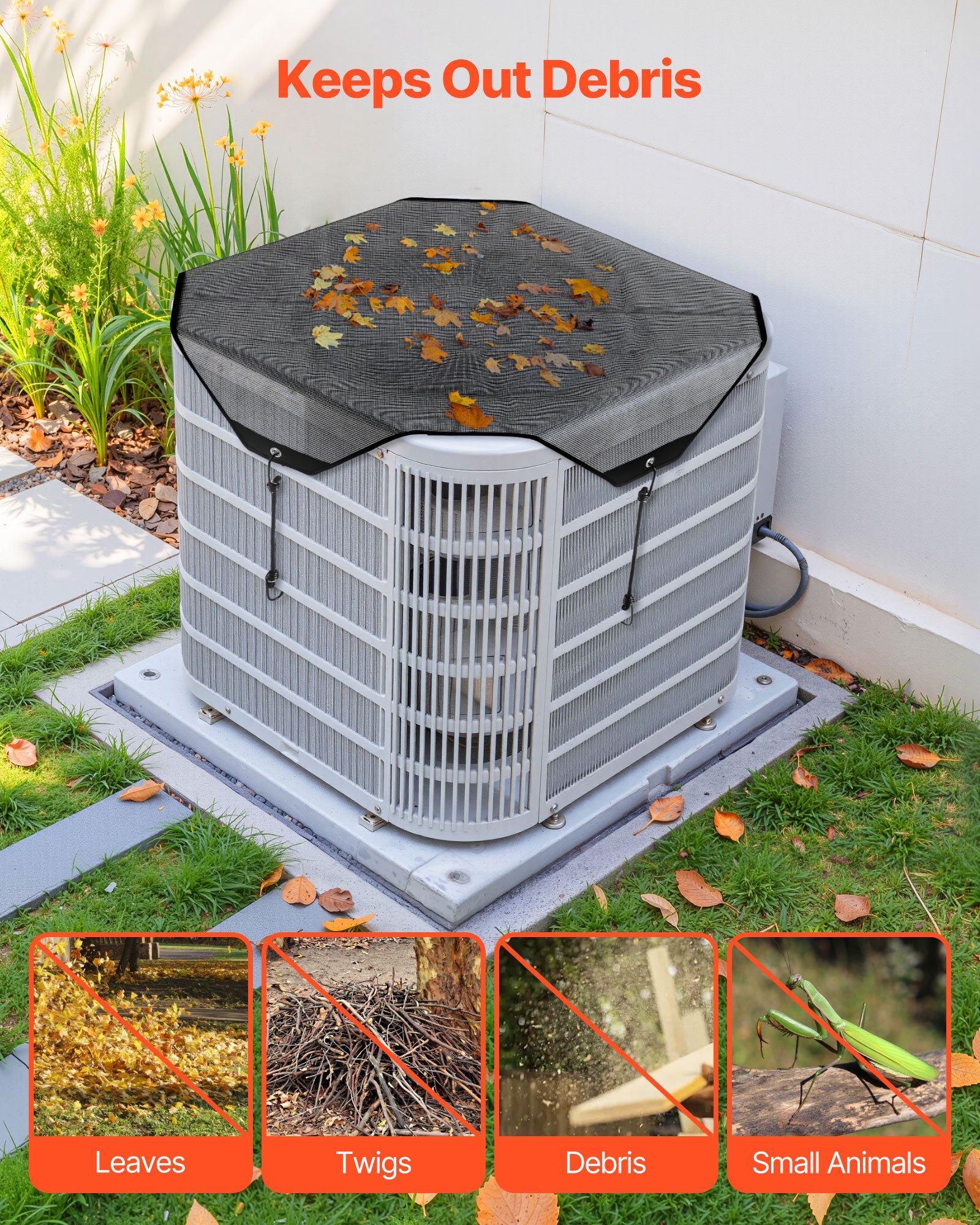 VEVOR Klimaanlagenabdeckung für Außengeräte, 710 x 710 mm Netzabdeckung für Klimaanlagen, PVC Schutzabdeckung mit elastischen Haken, reißfest, für den Außenbereich, alle Jahreszeiten, schwarz