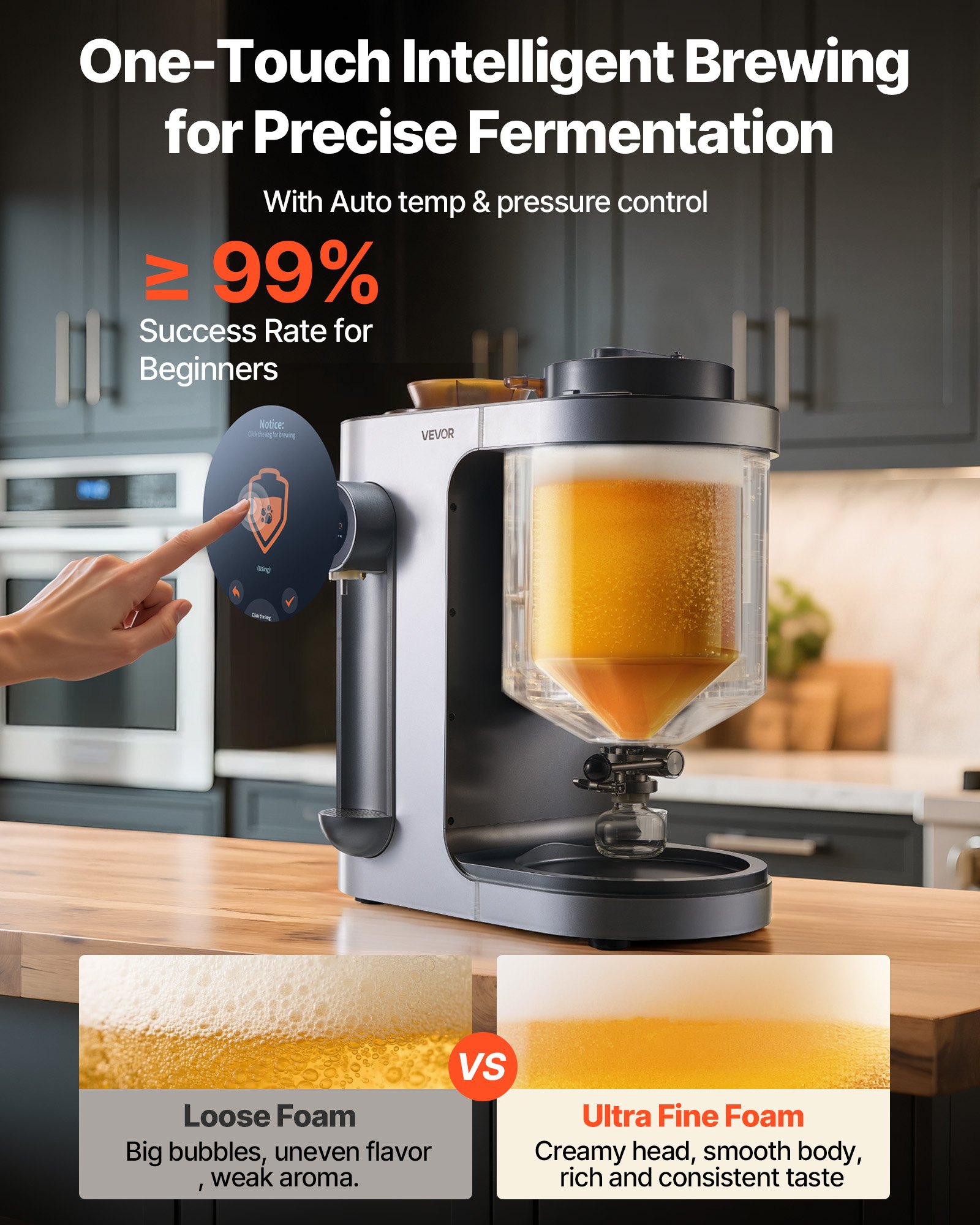 VEVOR automatischer Bierbraugerät Heimbierbrauer 13 L Heimbraumaschine, 1500 W elektrische Bierbraumaschine mit Maischekochgerät, Innentank aus Edelstahl 304 mit Temperatur- und Druckregelung