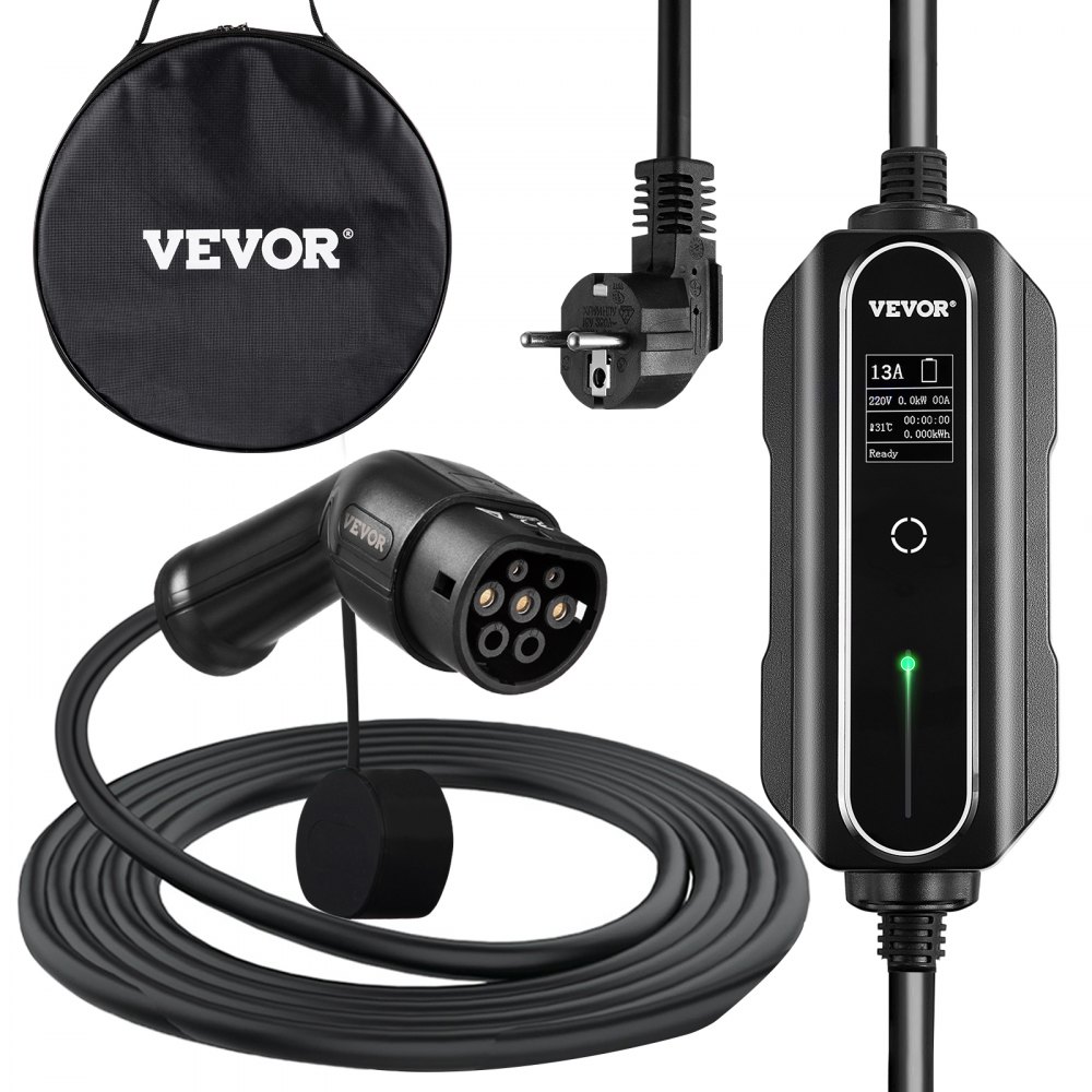 VEVOR EV Ladegerät 13 A EV Ladekabel für EU Standard, 10 m Ladestation für Elektroauto 3 Pin Schuko Stecker, 3 kW Elektrofahrzeug, 250 V IP54-Anschluss mit LCD Digitalbildschirm & CE Zertifizierung