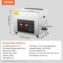 VEVOR Ultraschallreiniger Ultraschall Edelstahl-Reinigungsgerät 300 W, 10 L Ultraschallreinigungsgerät mit Digitaler Anzeige 0-30 Min, Reinigung Ultraschall für Schmuck, Brillen, Uhren usw.