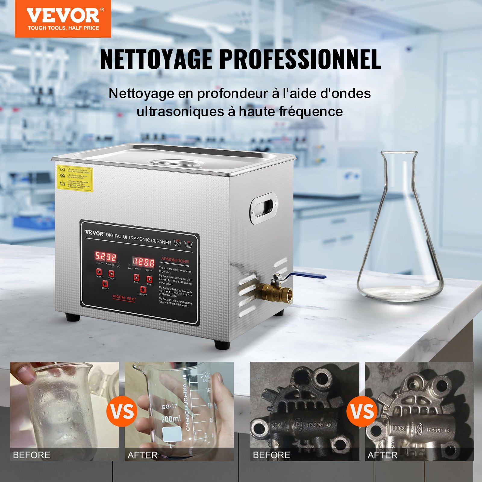 VEVOR Ultraschallreiniger Ultraschall Edelstahl-Reinigungsgerät 300 W, 10 L Ultraschallreinigungsgerät mit digitaler Anzeige 0-30 Min, Reinigung Ultraschall für Schmuck, Brillen, Uhren usw.