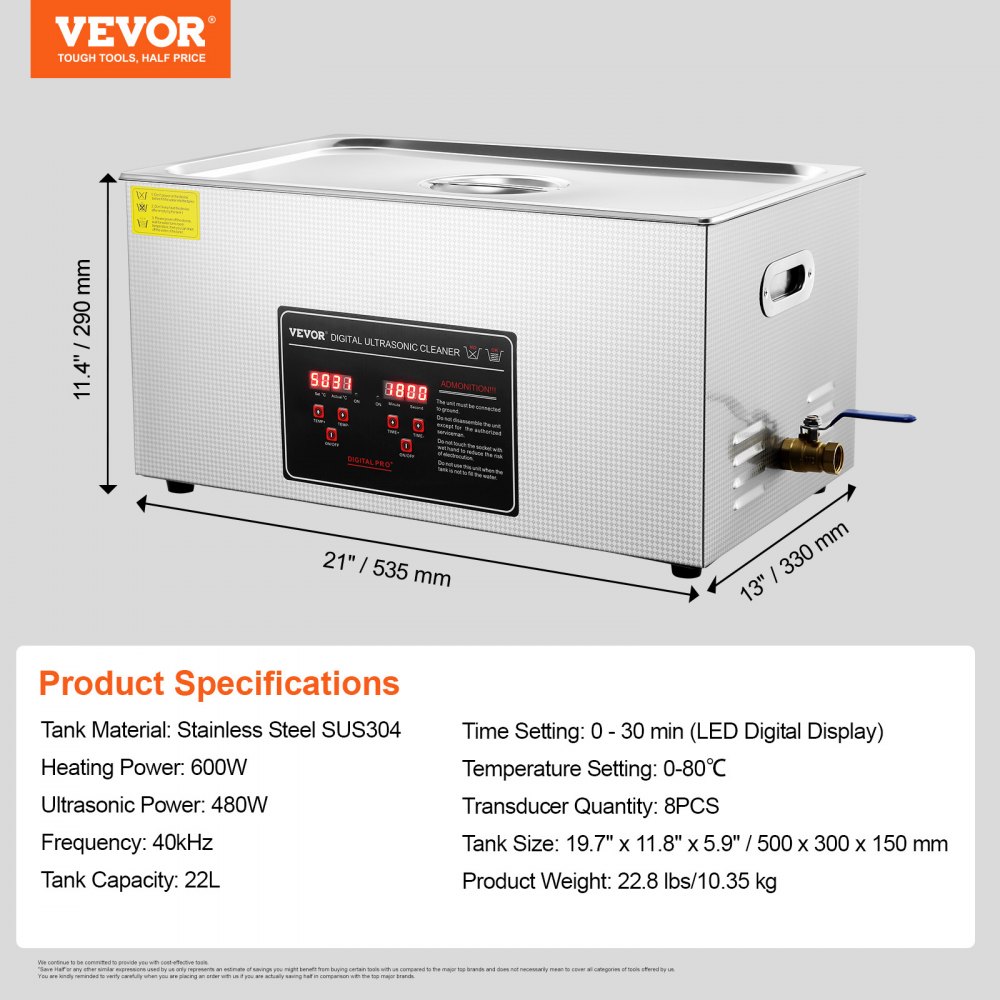 VEVOR Ultrasonic Cleaner, Ultrasonic Stainless Steel Cleaning Device, 480 W, 22 L Ultrasonic Cleaning Device with Digital Display, 0-30 Min, Ultrasonic Cleaning for Jewelry, Glasses, Watches, etc.