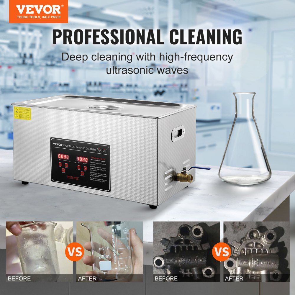 VEVOR Ultrasonic Cleaner, Ultrasonic Stainless Steel Cleaning Device, 480 W, 22 L Ultrasonic Cleaning Device with Digital Display, 0-30 Min, Ultrasonic Cleaning for Jewelry, Glasses, Watches, etc.